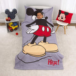 Disney Mickey Mouse Grey, Red, Yellow and Black 4 Piece Toddler Bed Set with Comforter, Fitted Bottom Sheet, Flat Top Sheet, Standard Size Pillowcase