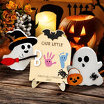 Halloween Baby Footprint Kit Wood Newborn Handprint Sign with Base Baby's First DIY Halloween Keepsake Our Little Boo Board for Baby Boy Gifts (A)