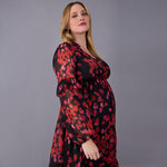 Motherhood Maternity Women's Long Sleeve V-Neck Tiered Maxi Pregnancy Dress with Drawstring, Holiday Floral, Large