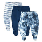 HonestBaby Unisex Baby 3-Pack Footed Roomy Fit Pull On Bottoms 100% Organic Cotton for Infant Boys, Girls, Pants, Tie Dye Blues, 6-9 Months US
