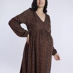 Motherhood Maternity Women’s Long Sleeve Button Front Midi Pregnancy Dress, Brown Animal, Large