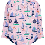 RuffleButts Girls UPF50+ Sun Protection Front Zipper Long Sleeve Rash Guard One Piece Swimsuit - Pink Sweet Sails, 2T