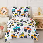 PERFEMET 4-Piece Toddler Bedding Set - Colorful Car Printed Toddler Comforter Set for Boys, Reversible Fluffy Toddler Bed Set for Baby Bedroom (White, Car Pattern)