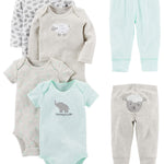 Simple Joys by Carter's Unisex Babies' 6-Piece Bodysuits (Short and Long Sleeve) and Pants Set, Grey/Mint Green/Elephant/Lamb, 3-6 Months