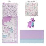 Sammy & Lou Tiny Dinos 4-Piece Baby Nursery Crib Bedding Set for Girls, Includes Quilt, Fitted Crib Sheet, Crib Skirt, and Plush Toy