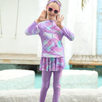 Girls Rash Guard Swimsuits Bathing Suit Long Sleeve Swimsuit Swimming Pants with Skirt Purple Mermaid 9-10 Years