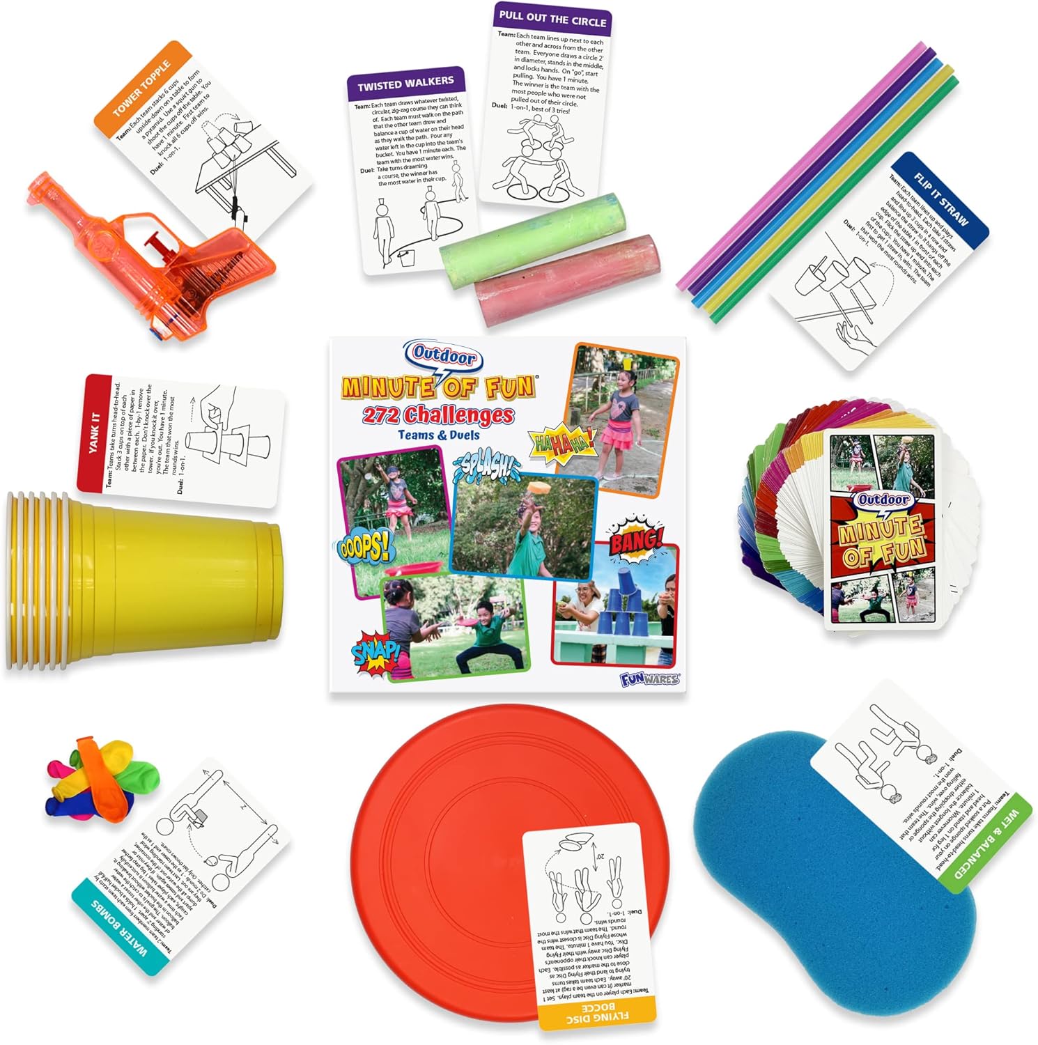 Funwares Minute of Fun Game - Minute to Win It Games for Kids, Adults, Teens, Families, Game Night, Gift for Home, Birthdays, or Travel. 2-12 Players! Outdoor - 272 Challenges