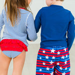 RUGGEDBUTTS Boys UPF50+ Sun Protection Striped Color Block Swim Trunks - All-American Stripe, 2T