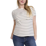 Motherhood Maternity Women's Short Sleeve Crew Neck Nursing Tee Shirt for Breastfeeding with Easy Access, Antique White/Black Stripe, Large