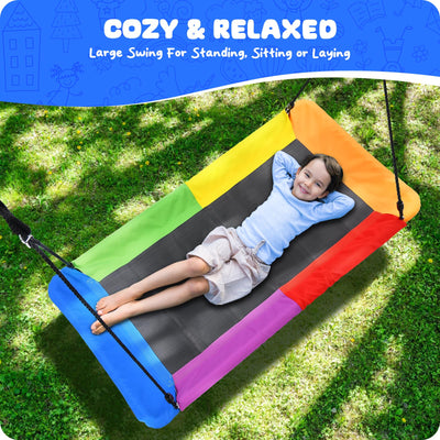 Trekassy 700lb Rectangle 60" Platform Tree Swing for Kids and Adults Waterproof 2 Hanging Straps (Rainbow)