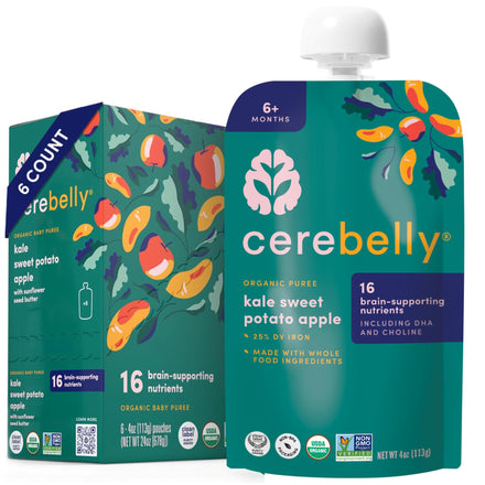 Cerebelly organic baby puree packaging with kale, sweet potato, and apple flavors.