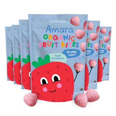 Amara Organic Fruit Bites packaging with strawberry design on a white background