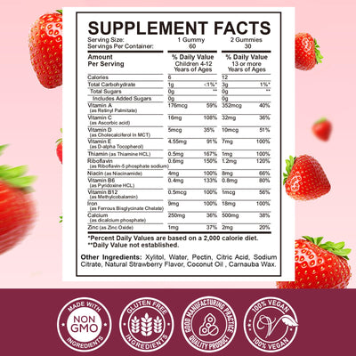 Iron Supplement Gummies for Kids - with Calcium, Zinc, Kids Multivitamin with Iron Gummies - Immune Support, Blood Builder & Energy Support for Iron Deficiency, Anemia, Vegan - 60 Gummies