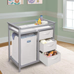 Badger Basket Modern Baby Changing Table - Nursery Furniture with Laundry Hamper and 3 Storage Drawers - Diaper Changing Station with Safety Belt, Changing Pad, and Organizer Baskets - Gray and White