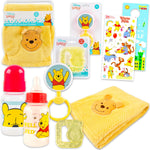 Disney Winnie The Pooh Baby Gift Set - 6 Pc Newborn Essentials Bundle with Blanket, Rattle, Bottle, Teether, Scrapbook Stickers, More | Baby Shower Gifts for Girls, Boys