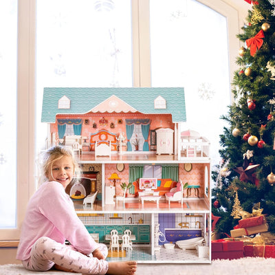 ROBUD Wooden Dollhouse for Kids Girls, Toy Gift for 3 4 5 6 Years Old, with Furniture