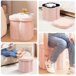 HUAYUANDA Boucle Storage Ottoman Cube, 13.8" Flower-Shaped Footstool with Storage, Soft Faux Teddy Fur, Footrest Stool for Living Room Dorm Bedroom, Valentine's Day Gifts for Women Girls-Pink