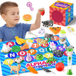 Child playing with educational toys on a colorful mat with letters and numbers.