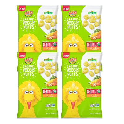 Two packages of Sesame Street Organic Veggie Puffs on a white background