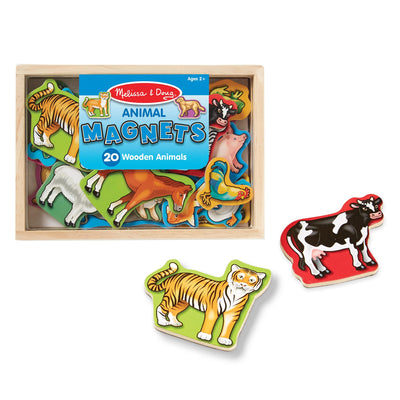 Melissa & Doug animal magnets with wooden box on a white background