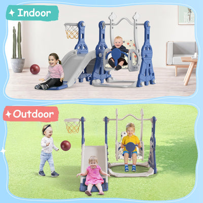 BIERUM 4 in 1 Toddler Slide and Swing Set, Baby Slide for Toddlers Age 1-2, with Basketball Hoop, Indoor Outdoor Toddler Playset Blue