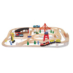 Wooden train set with tracks, bridges, and small figures on a white background