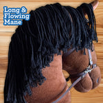 Playful Minds Large Hobby Horse for Kids and Adults – Show Quality with Rhinestone Studded Bridle, Removable Reins, and Long Mane – Plush Handmade Tournament Stick Horse (Bay (Brown))