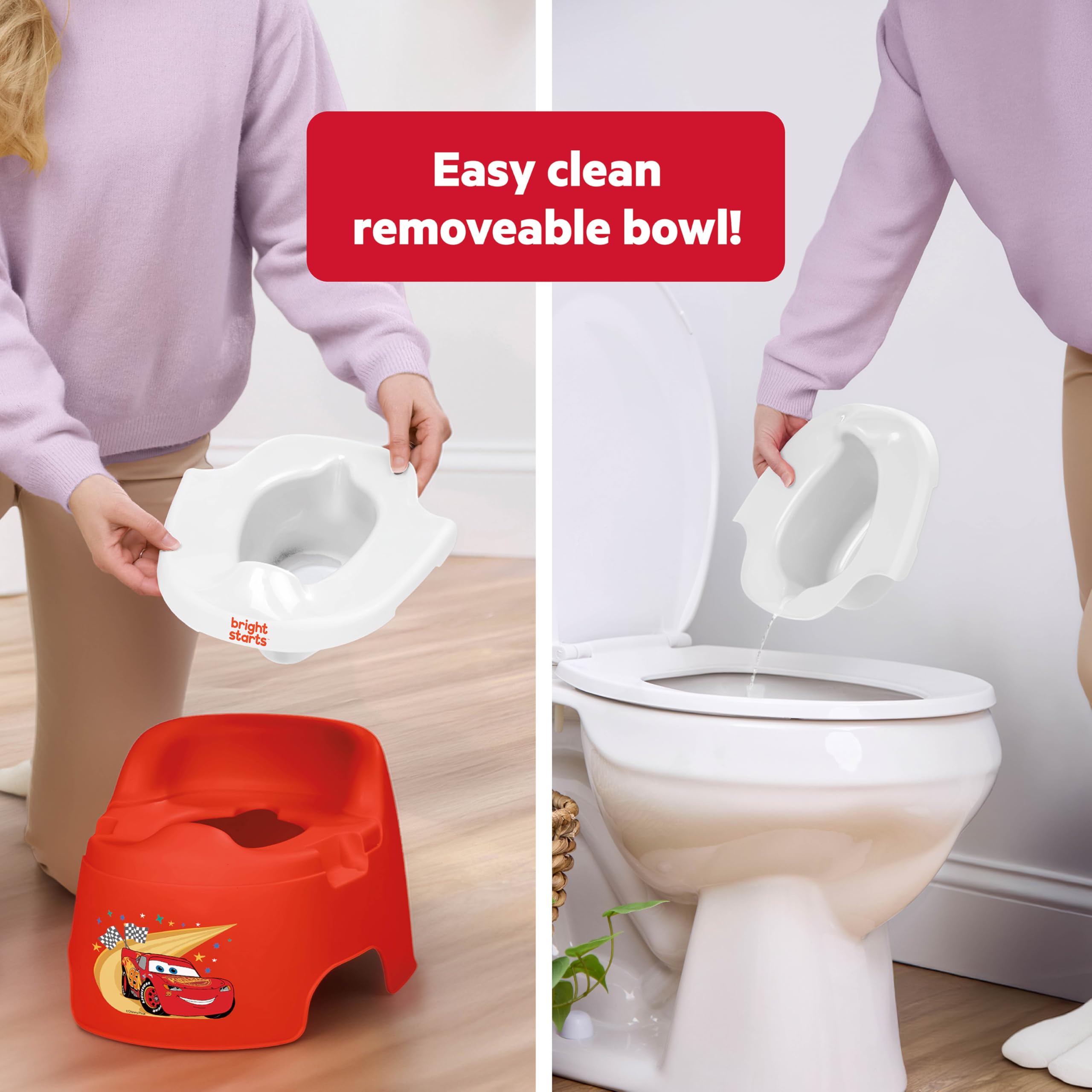 Bright Starts Disney and Pixar Cars Full Comfort Potty Training Toilet, Easy Clean Removable Bowl, Splash Guard, High Back for Comfort & Stability, Toddlers up to 50 lbs