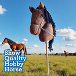 Playful Minds Large Hobby Horse for Kids and Adults – Show Quality with Rhinestone Studded Bridle, Removable Reins, and Long Mane – Plush Handmade Tournament Stick Horse (Bay (Brown))