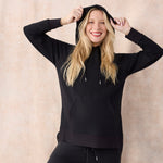 Motherhood Maternity Women's Long Sleeve Fleece Tunic Pullover Pregnancy Hoodie with Side Slits and Kangaroo Pocket, Black, Small