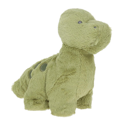 Green plush dinosaur toy on a white background