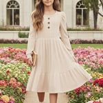 PATPAT Girls Sweater Fall Dress Long Sleeve Knit A Line Casual Winter Dresses Holiday Picture Day Outfits Beige 8-9 Years