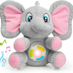 Plush elephant toy with pink ears and feet on a white background