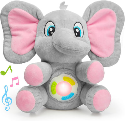 Plush elephant toy with pink ears and feet on a white background