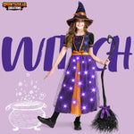Spooktacular Creations Light Up Witch Costume for Toddler Girls, Child Fairy Tale Witch Outfit Set with Broom and Hat for Kids Halloween Dress Up Parties, Purple, 3T