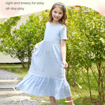 PATPAT Tween Girls Dress Summer Spring Maxi Casual Short Sleeve Flowy Long Dresses with Pockets Blue Size 10-11
