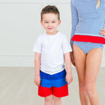 RUGGEDBUTTS Boys UPF50+ Sun Protection Striped Color Block Swim Trunks - Liberty Color Block, 3T