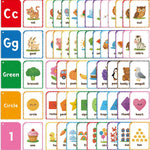Educational flashcards with letters, animals, and objects for learning.