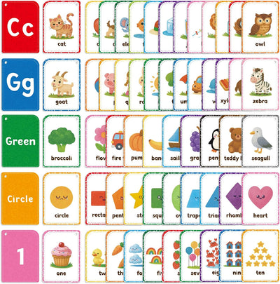 Educational flashcards with letters, animals, and objects for learning.