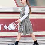 PATPAT Girls Spring Fall Outfit – Ribbed Knit Dress with Classic Plaid Cardigan – School & Photo Day Clothes, White Houndstooth, 5–6 Years