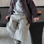 Ashmyova Casual Pants for Boys Girls Classic Linen Cotton Stripe Elastics Waist Spring Autumn Trousers Kids Long Pants 2Pcs Grey/Coffee Size 2-3T
