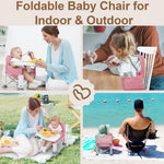 Baby Travel Booster Seat with Double Tray, BabyBond Upgraded Toddler Portable Baby Chair, Booster Seat for Dining Table, Stable and Foldable Booster Baby Chair for Indoor/Outdoor (Pink)