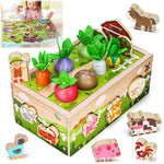 Wooden farm-themed toy set with animals and vegetables on a green background