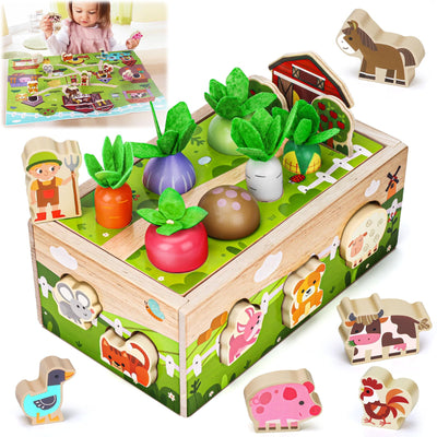 Wooden farm-themed toy set with animals and vegetables on a green background