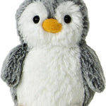 Plush penguin toy with gray body, white belly, and yellow feet and beak on a white background