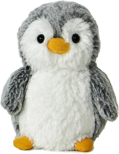 Plush penguin toy with gray body, white belly, and yellow feet and beak on a white background