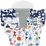 Collection of patterned pouches with cartoon designs on a white background