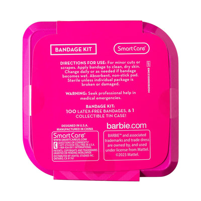 Smart Care Barbie Bandage Kit, Kids Bandages Variety Pack, 3 Assorted Sizes, 100CT with Collectible Barbie Tin Case