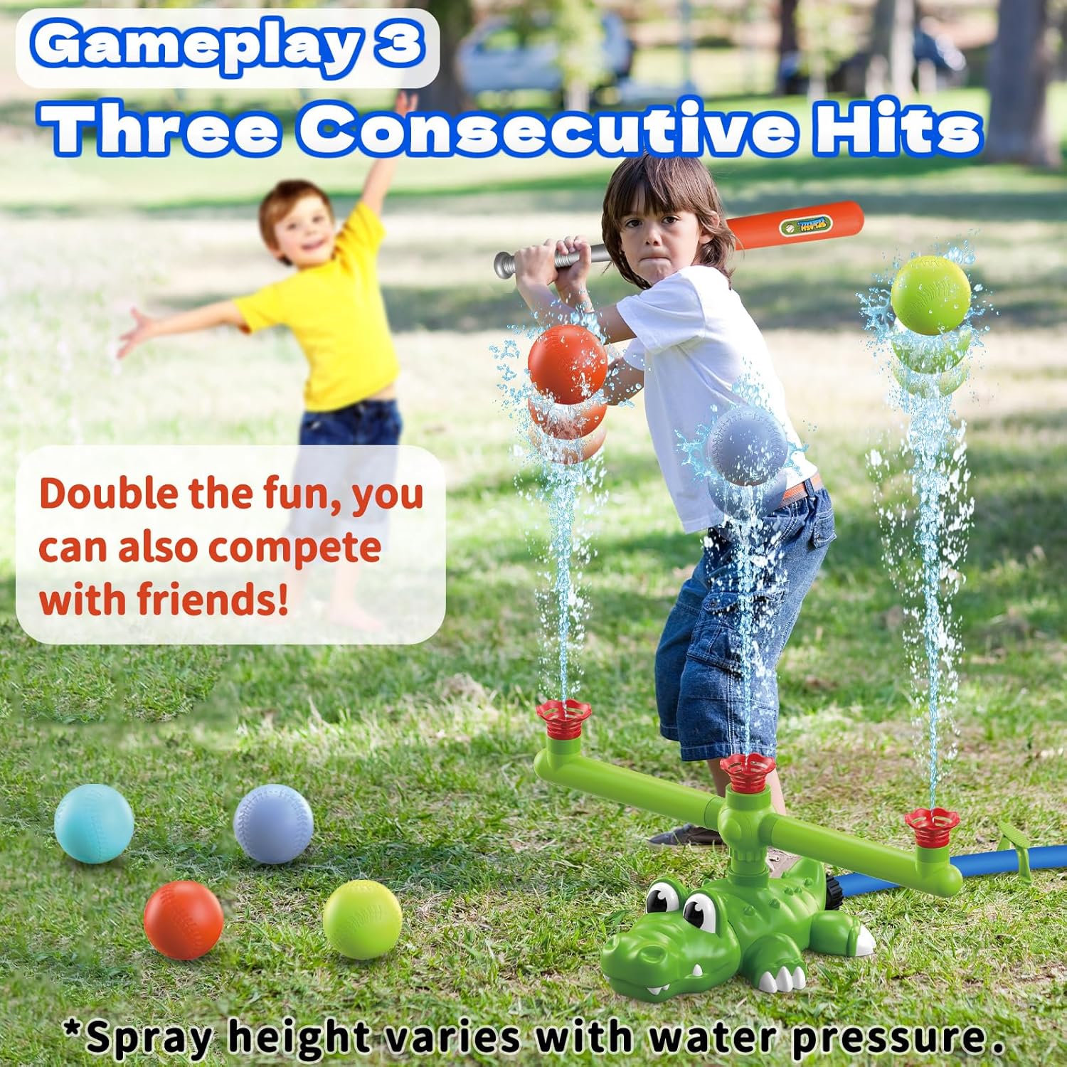 4-in-1 Kids Sprinkler Baseball & Water Ball Toy, Sprinkler with 3 Jets, 4 Baseballs & 6 Reusable Water Balls, Outdoor Summer Toys for Boys Girls Outside Yard Water Game Toys for Kids Ages 3-8