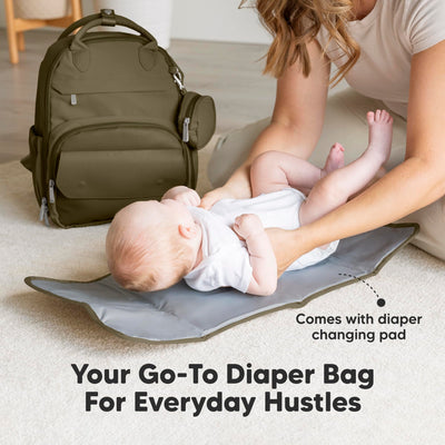 KeaBabies Diaper Bag Backpack - Small Multifunctional Travel Diaper Back Packs, Maternity Baby Changing Bags, 12L Capacity, PU Leather, Waterproof, Unisex, Nappy Changing Pad (Dark Olive, Small)